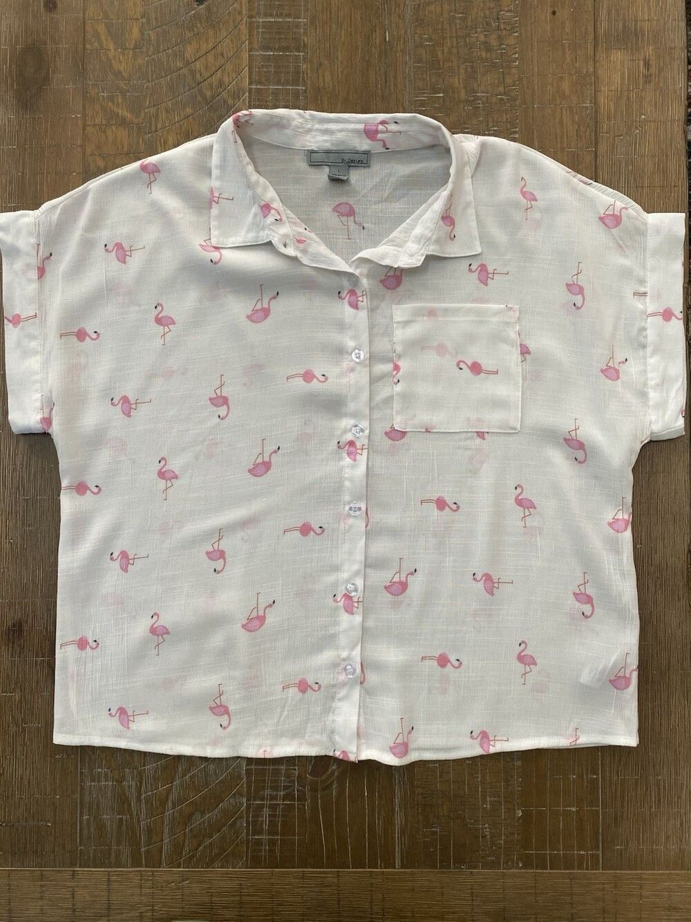 By Design Flamingo Print Button Down Shirt L White Pink Tropical Crop Top Blouse